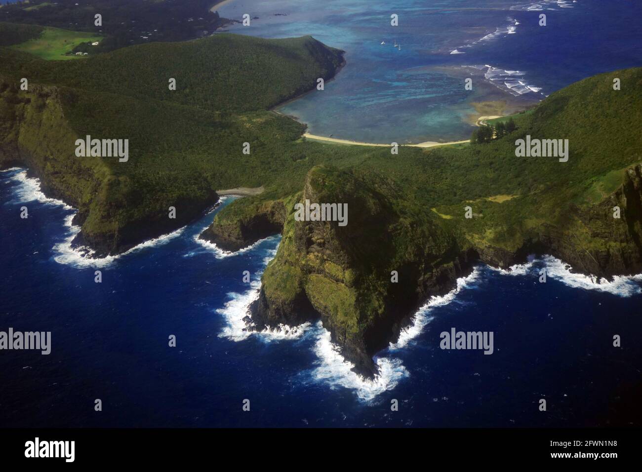 Aerial view of Mt Eliza and the Malabar coastline, northern end of Lord Howe Island, NSW, Australia Stock Photo