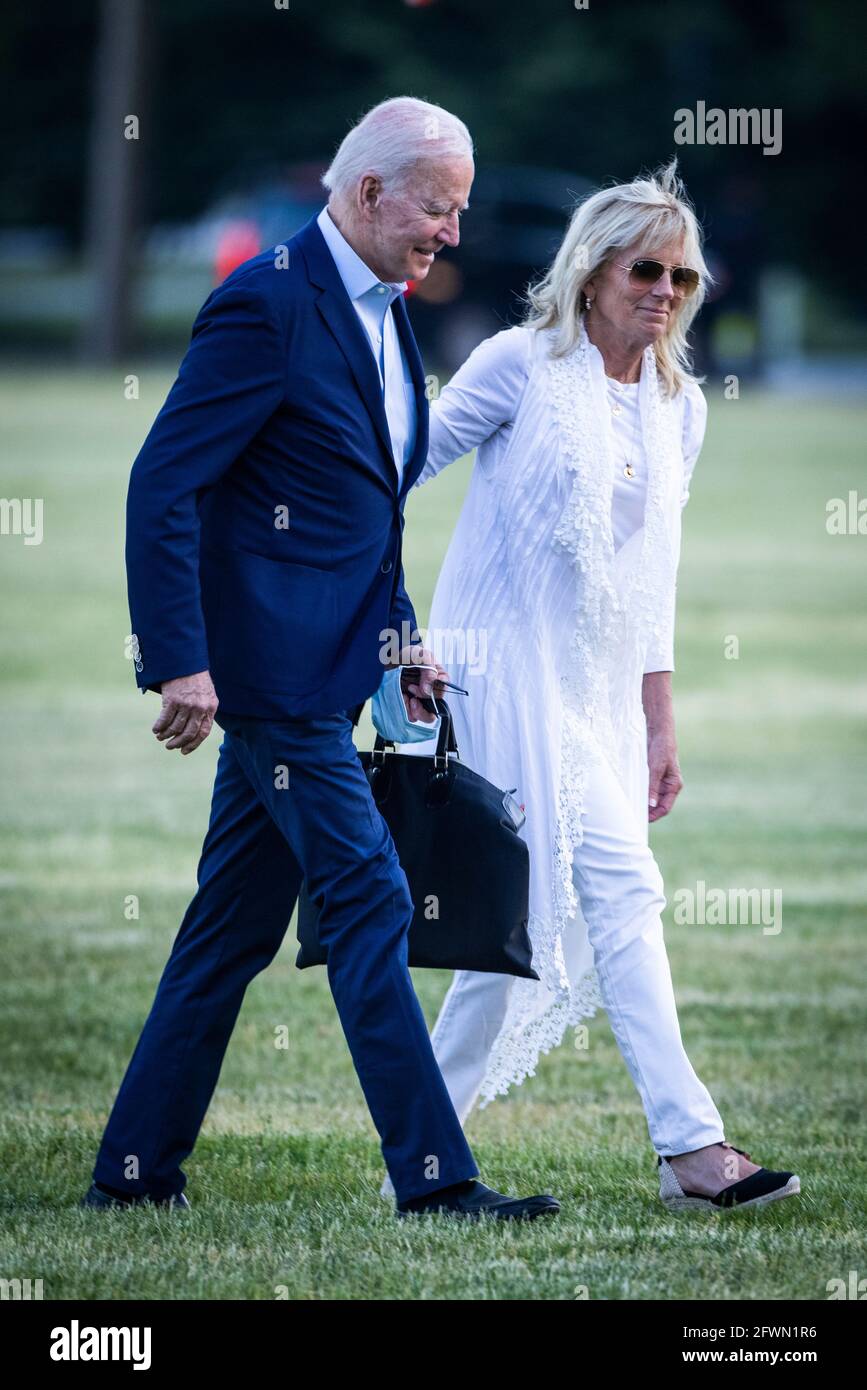 Washington, United States Of America. 23rd May, 2021. United States President Joe Biden and first lady Dr. Jill Biden return to the White House from a weekend at Camp David, the presidential retreat near Thurmont, Maryland in Washington, DC, USA, 23 May 2021.Credit: Jim LoScalzo/Pool via CNP Photo via Credit: Newscom/Alamy Live News Stock Photo
