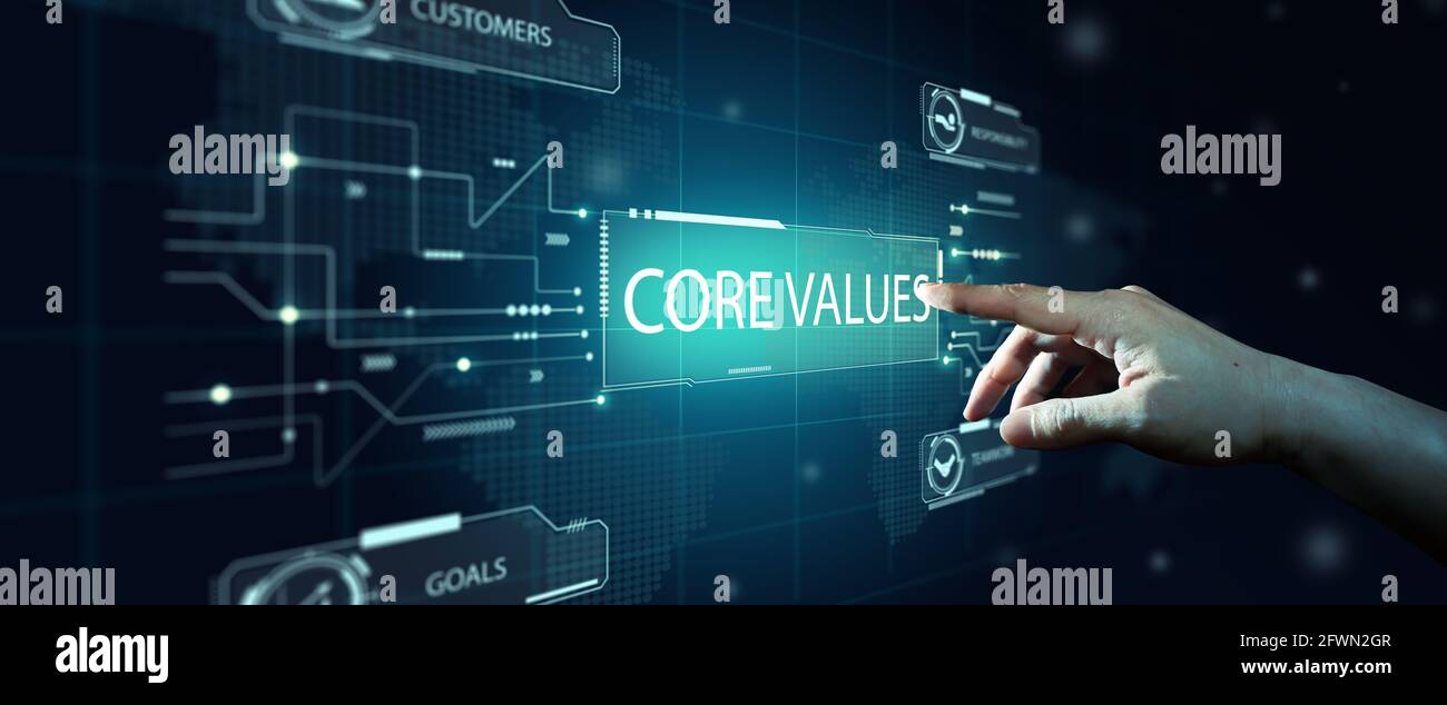 Businessman select Core Values on Virtual Screen. Core Values responsibility ethics goals innovation company. Internet, Technology, and Goal Mission. Stock Photo
