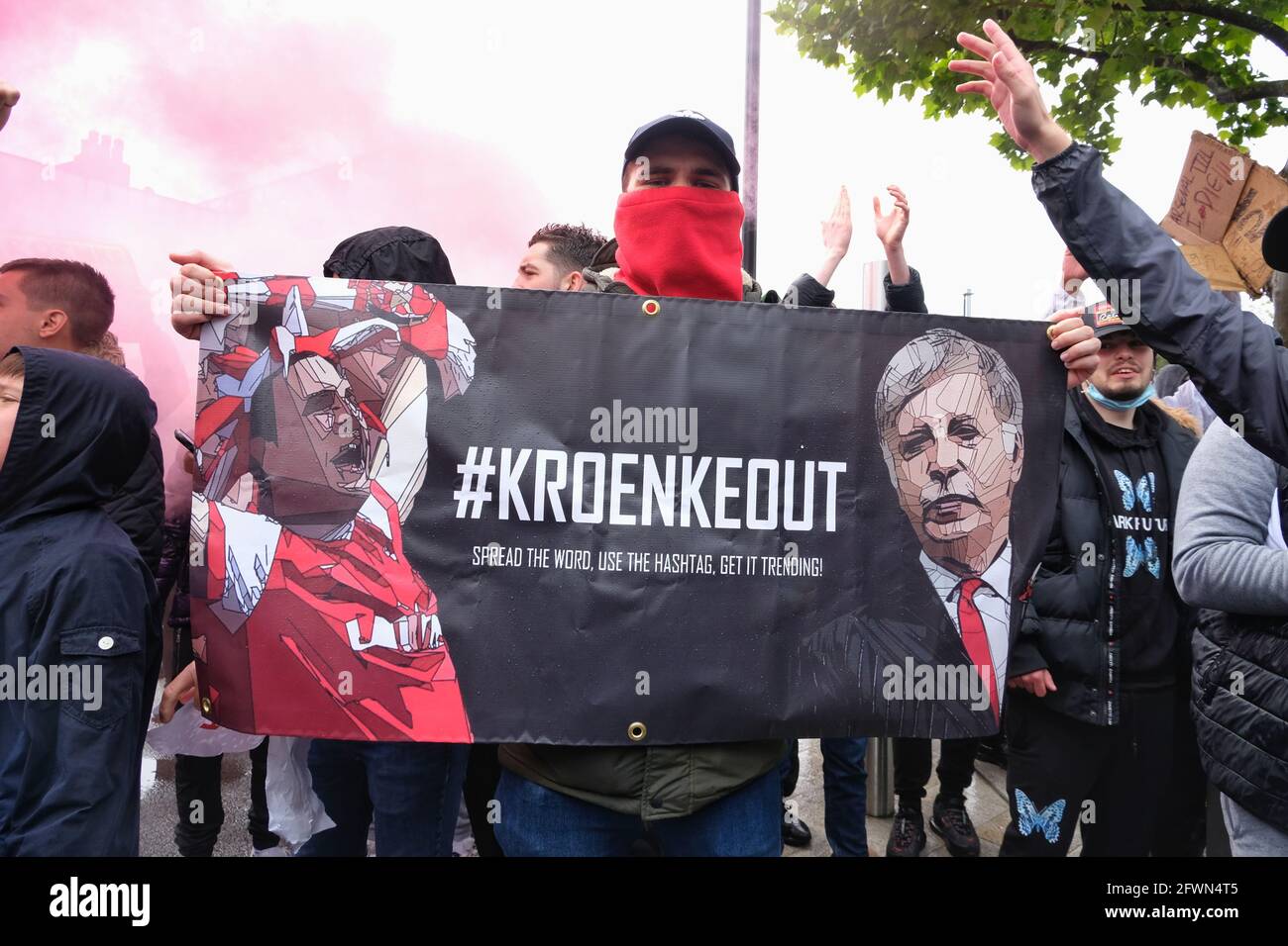 London, UK 23/05/21 Arsenal football fans protest against club owner Stan Kroenke before Brighton match and the final game of the Premiership season. Stock Photo