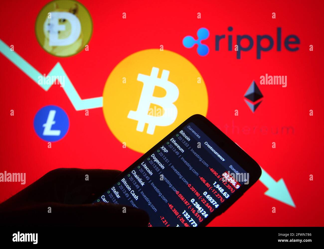 Bitcoin, Ripple, Litecoin, Ethereum prices, currency exchange rates on the  screen. Trading platform December 2025: Crypto currency exchange rates on  the screen. Bitcoin, Ripple, Litecoin, Ethereum price moves up and down.  Crypto