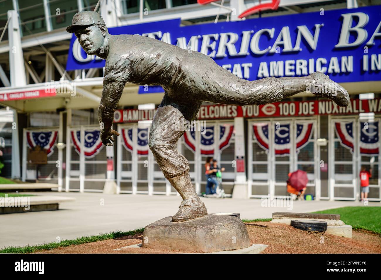 Cincinnati, Ohio, August 29, 2020: Joe Nuxhall statue in front of the Great American Ball Park stadium, the home to Cincinnati Reds baseball team Stock Photo