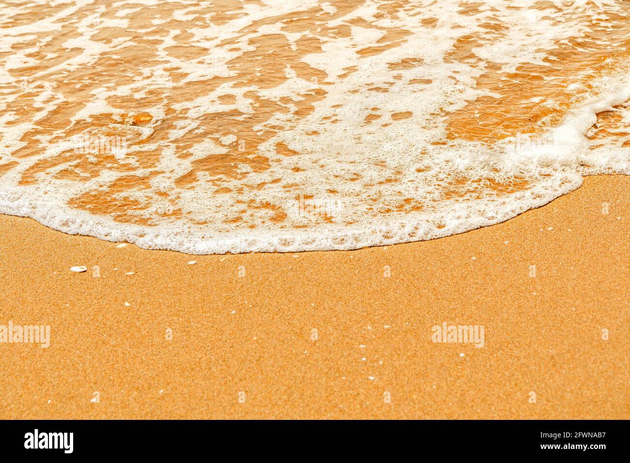 A sea wave with white foam splashes out onto the yellow sandy shore. Stock Photo