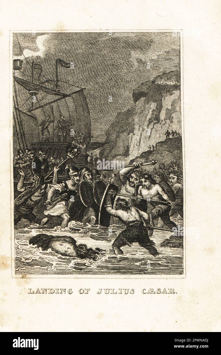 Julius Caesar and two Roman legions invading Britain at Deal, Kent, 55BC. Roman centurions battling Britons in the surf. Landing of Julius Caesar in England. Copperplate engraving from M. A. Jones’ History of England from Julius Caesar to George IV, G. Virtue, 26 Ivy Lane, London, 1836. Stock Photo