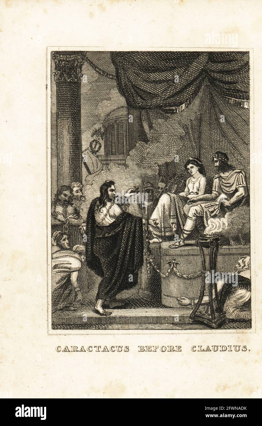 Caratacus, captive British chieftain of the Catuvellauni tribe, speaking in chains before Emperor Claudius (10BC-54AD) in the Roman Senate. Caractacus before Claudius. Copperplate engraving from M. A. Jones’ History of England from Julius Caesar to George IV, G. Virtue, 26 Ivy Lane, London, 1836. Stock Photo
