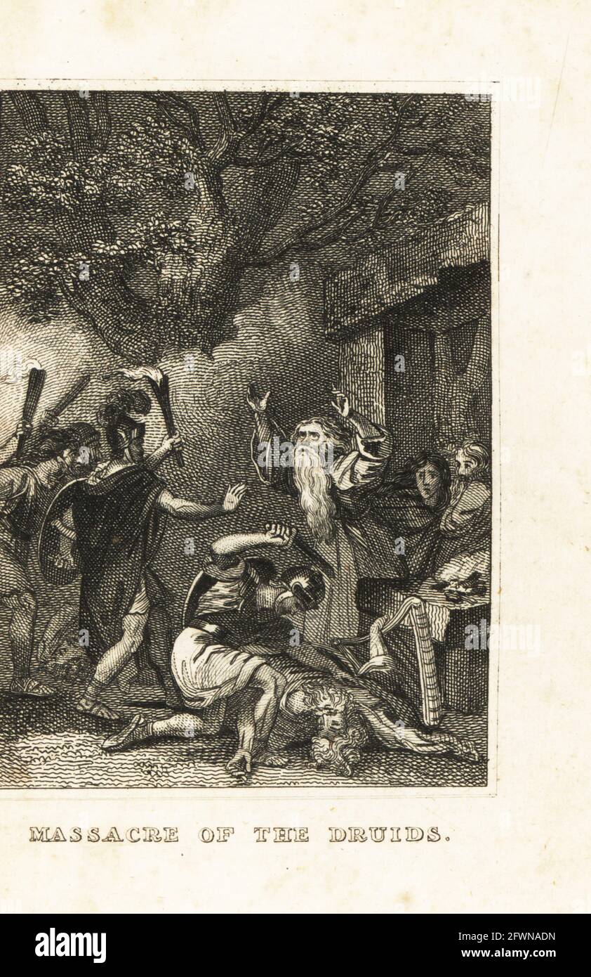 Roman centurions slaughtering Druids on the island of Mona (Anglesey), 60AD. Under General Suetonius Paulinus, the Romans massacred the Druids and Celts on the island. Massacre of the Druids Copperplate engraving from M. A. Jones’ History of England from Julius Caesar to George IV, G. Virtue, 26 Ivy Lane, London, 1836. Stock Photo