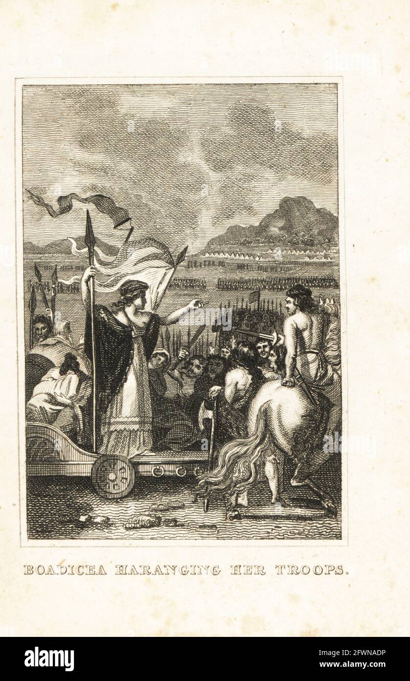 Queen Boudica leading the Britons against the Roman Empire at the Battle of Watling Street, 60AD. On a war chariot, Boudica speaks in front of the Celtic Iceni and Trinovantes tribes. Boadicea haranging her troops. Copperplate engraving from M. A. Jones’ History of England from Julius Caesar to George IV, G. Virtue, 26 Ivy Lane, London, 1836. Stock Photo