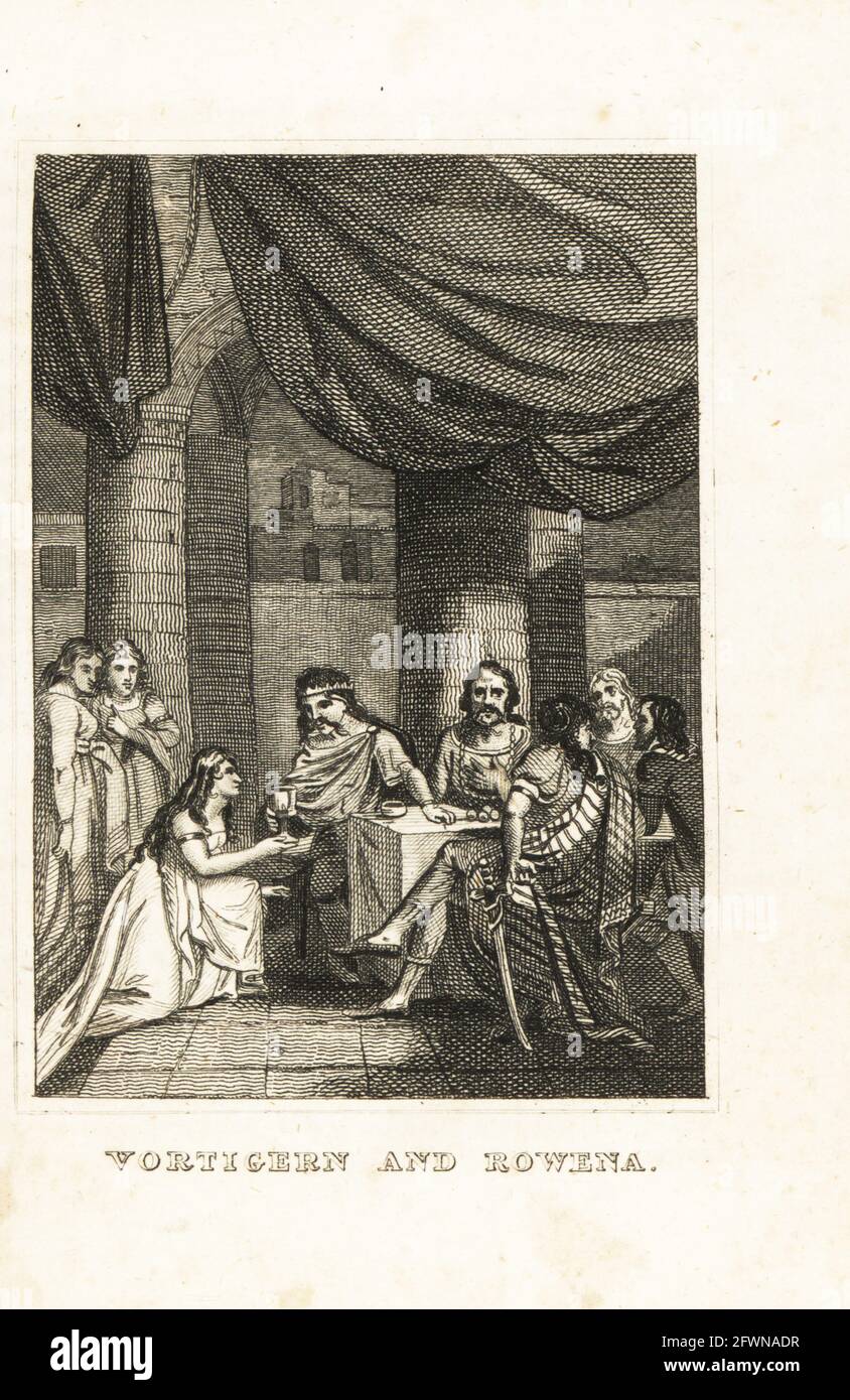 Vortigern, king of the Britons, seduced by Rowena, daughter of Anglo-Saxon chief Hengist, 5th century. Vortigern and Rowena. Copperplate engraving from M. A. Jones’ History of England from Julius Caesar to George IV, G. Virtue, 26 Ivy Lane, London, 1836. Stock Photo