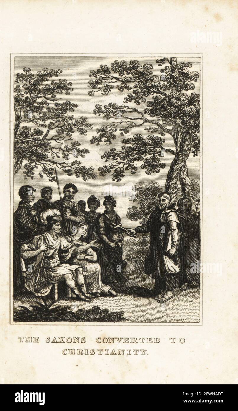 Aethelberht, Saxon King of Kent, and wife Bertha with missionary Augustine of Canterbury on the island of Thanet, 597AD. The Saxons converted to Christianity. Copperplate engraving from M. A. Jones’ History of England from Julius Caesar to George IV, G. Virtue, 26 Ivy Lane, London, 1836. Stock Photo