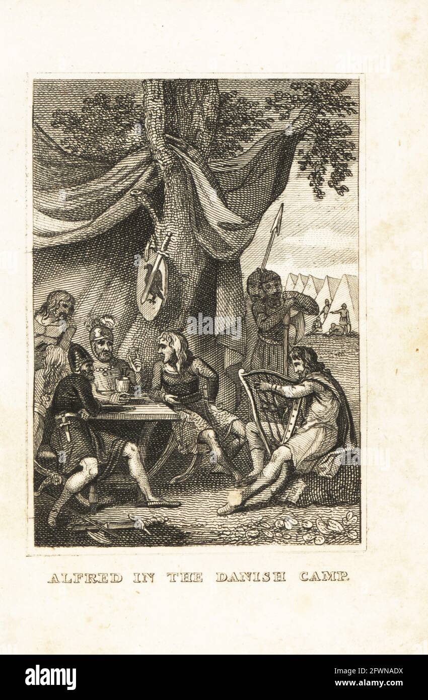 Saxon King Alfred the Great, disguised as a minstrel with harp, in the camp of Viking chief Guthrum, 878. Alfred in the Danish camp. Copperplate engraving from M. A. Jones’ History of England from Julius Caesar to George IV, G. Virtue, 26 Ivy Lane, London, 1836. Stock Photo