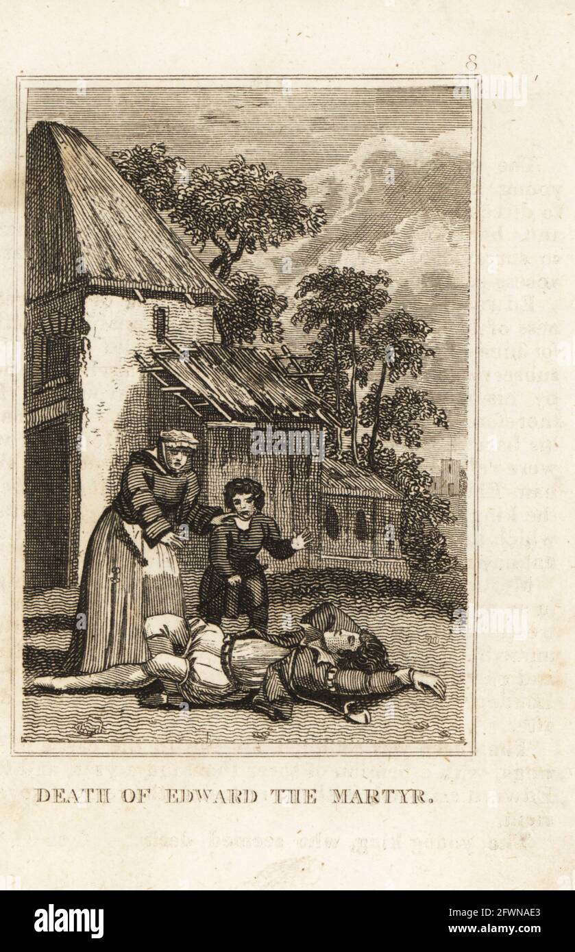 Death of Edward the Martyr, King of the English, 962-978. Villagers discover his body near Corfe Castle. Copperplate engraving from M. A. Jones’ History of England from Julius Caesar to George IV, G. Virtue, 26 Ivy Lane, London, 1836. Stock Photo