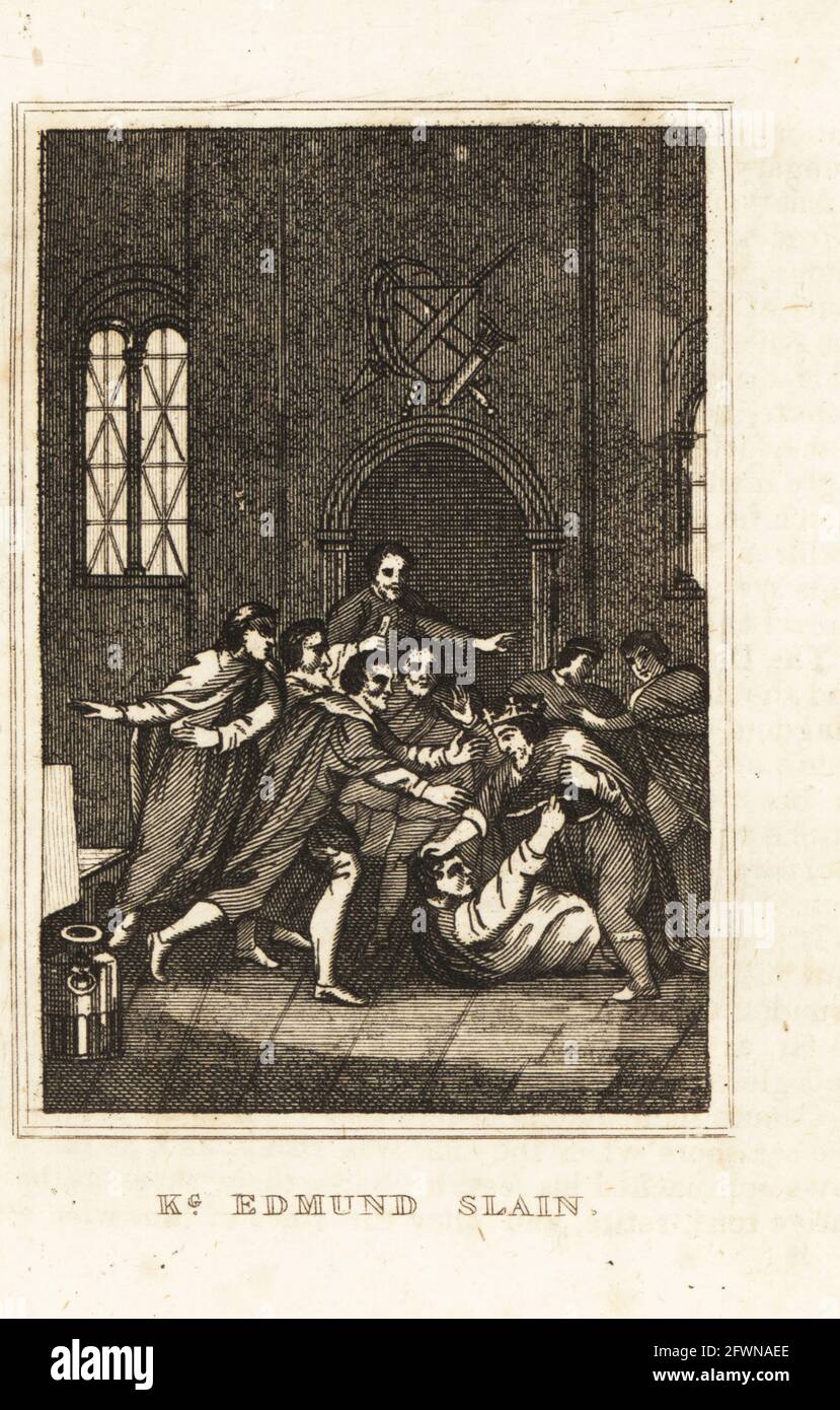 King Edmund II of England killed by servants of Eadric Streona in Oxford, 1016. The assassins wrestle with the king wearing a crown. King Edmund Slain. Copperplate engraving from M. A. Jones’ History of England from Julius Caesar to George IV, G. Virtue, 26 Ivy Lane, London, 1836. Stock Photo