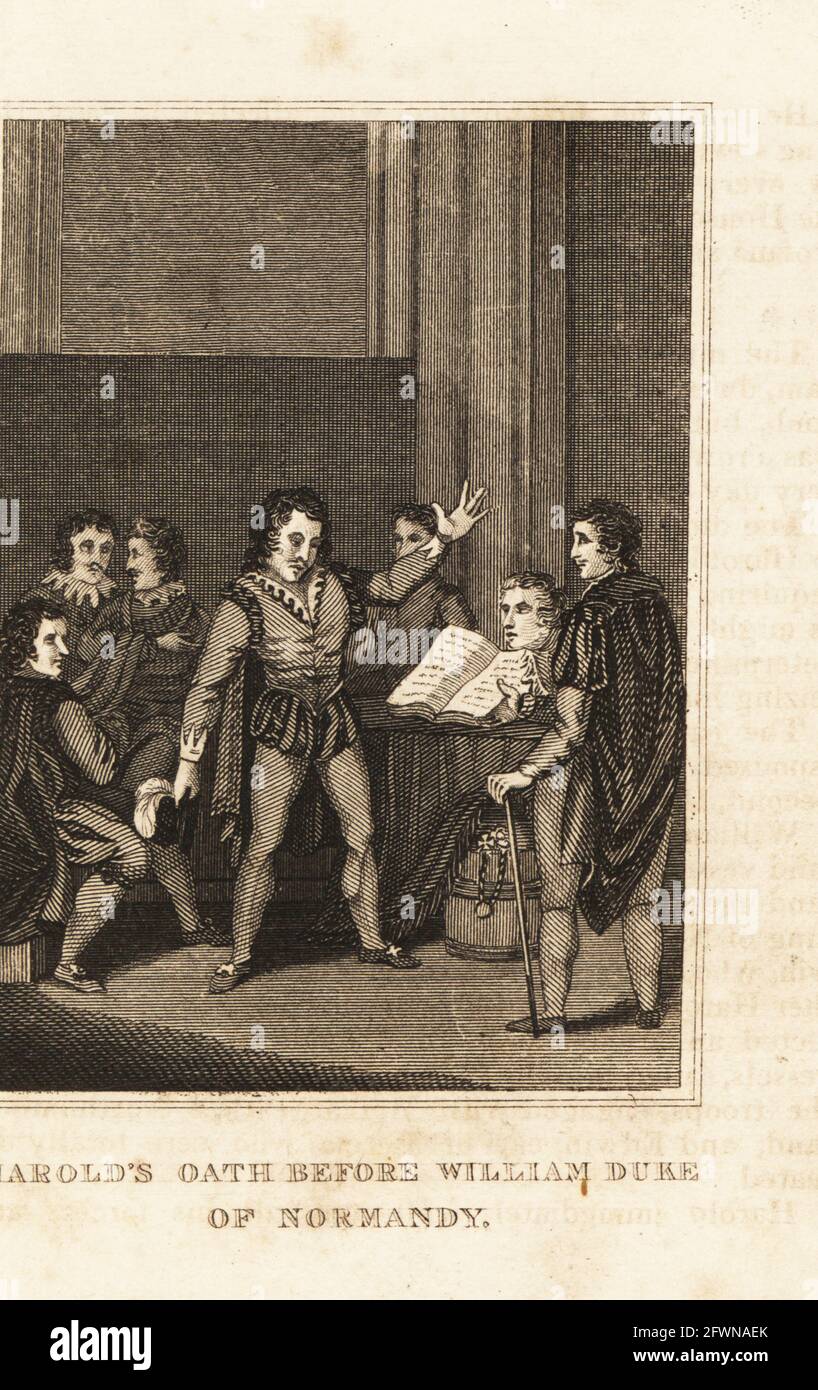 Harold Godwinson swearing his support to William of Normandy in 1064. Harold's oath before William, Duke of Normandy. Copperplate engraving from M. A. Jones’ History of England from Julius Caesar to George IV, G. Virtue, 26 Ivy Lane, London, 1836. Stock Photo