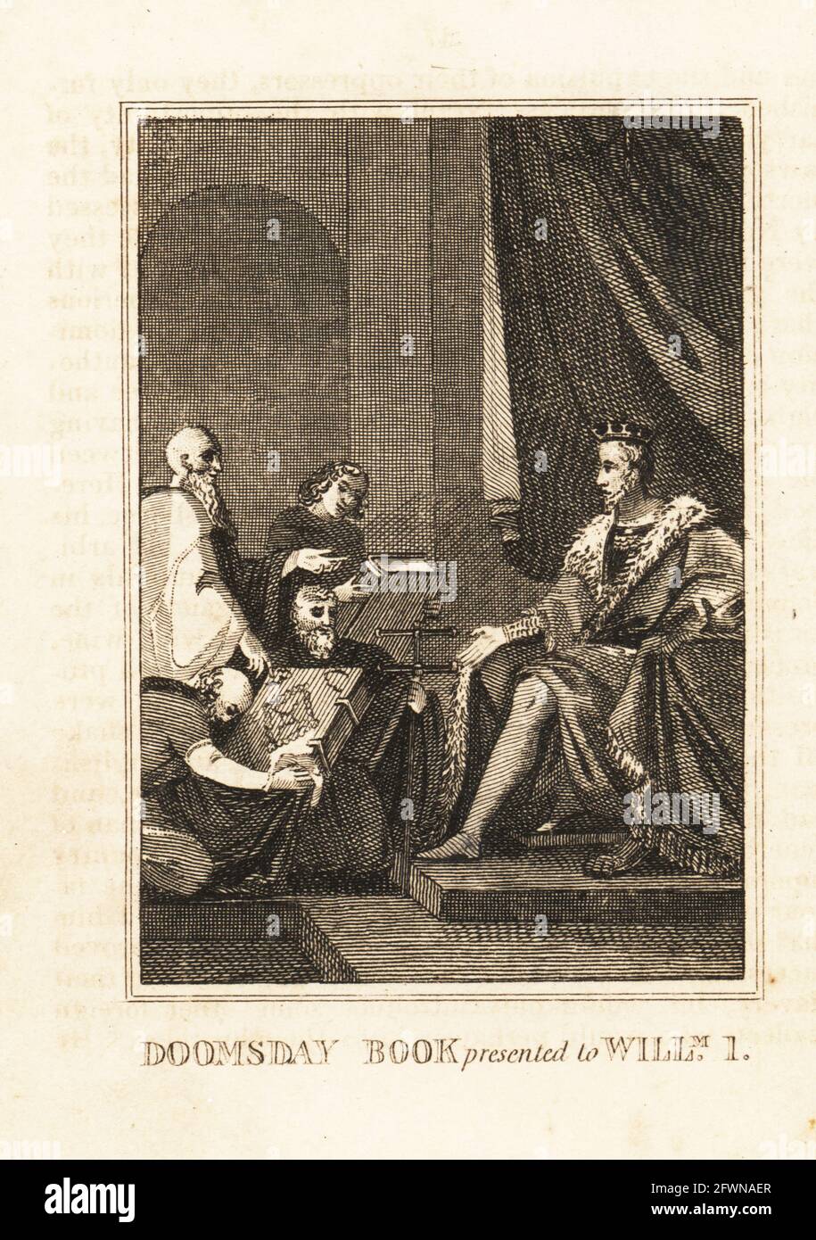 King William I of England receiving the Domesday Book in 1086. Doomsday Book presented to William I. Copperplate engraving from M. A. Jones’ History of England from Julius Caesar to George IV, G. Virtue, 26 Ivy Lane, London, 1836. Stock Photo