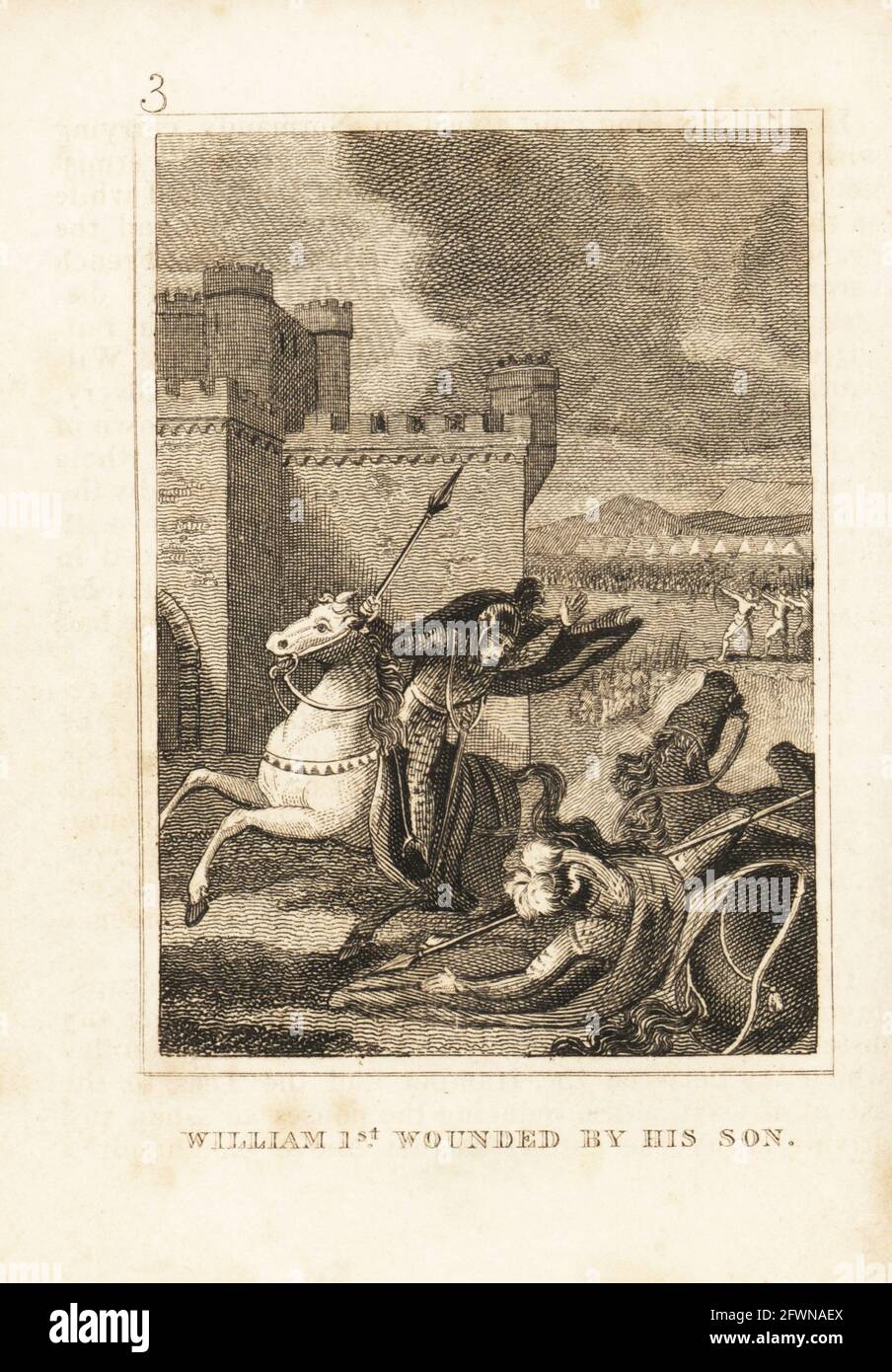 WIlliam the Conqueror knocked off his horse by his son Robert Curthose, Siege of Gerberoy Fortress, 1079. William I wounded by his son. Copperplate engraving from M. A. Jones’ History of England from Julius Caesar to George IV, G. Virtue, 26 Ivy Lane, London, 1836. Stock Photo