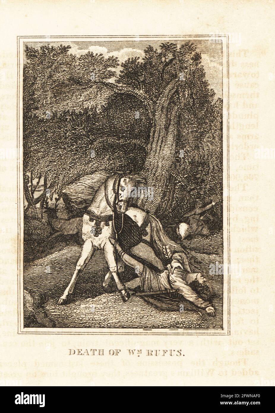 King William II of England killed by an arrow to the chest shot by one of his own men, Walter Tirel, while stag hunting in the New Forest, 1100. Death of William Rufus. Copperplate engraving from M. A. Jones’ History of England from Julius Caesar to George IV, G. Virtue, 26 Ivy Lane, London, 1836. Stock Photo