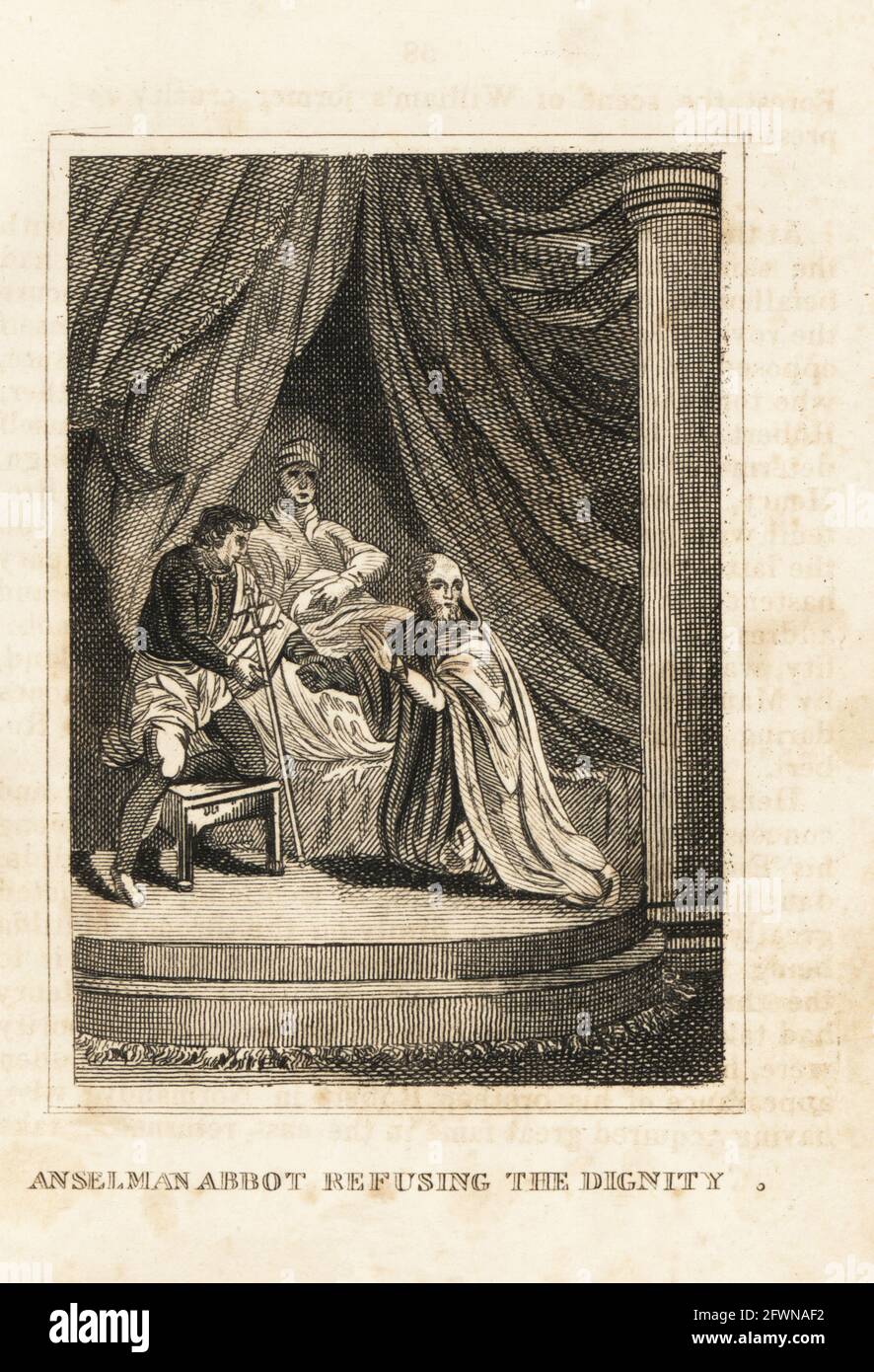 Anselm, Archbishop of Canterbury, exiled by the English king, 12th century. Anselman Abbot refusing the dignity. Copperplate engraving from M. A. Jones’ History of England from Julius Caesar to George IV, G. Virtue, 26 Ivy Lane, London, 1836. Stock Photo