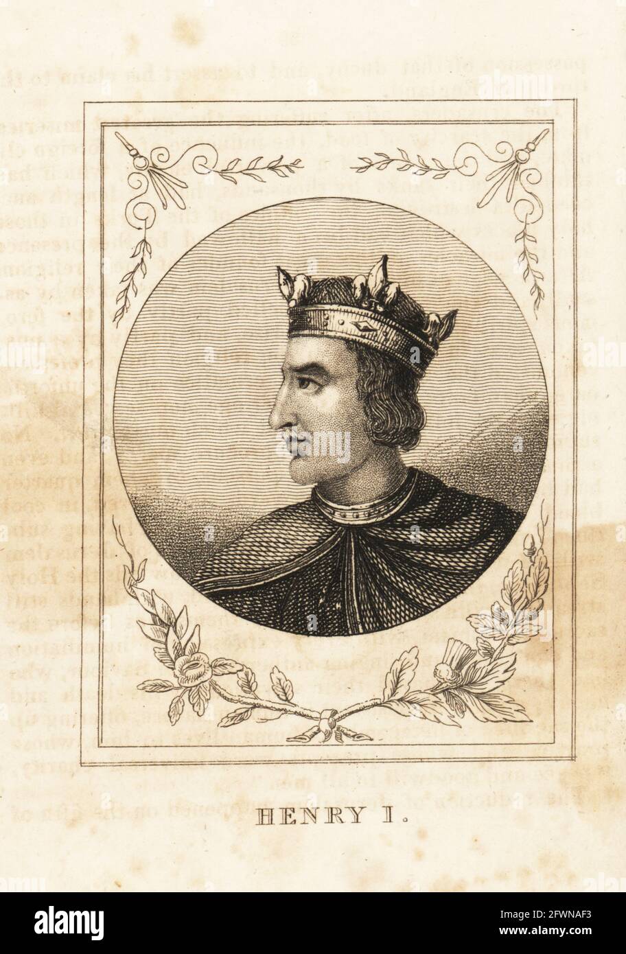Portrait of Henry I, Henry Beauclerc, King of England, 1068-1135. In crown, collar and mantle. Copperplate engraving from M. A. Jones’ History of England from Julius Caesar to George IV, G. Virtue, 26 Ivy Lane, London, 1836. Stock Photo