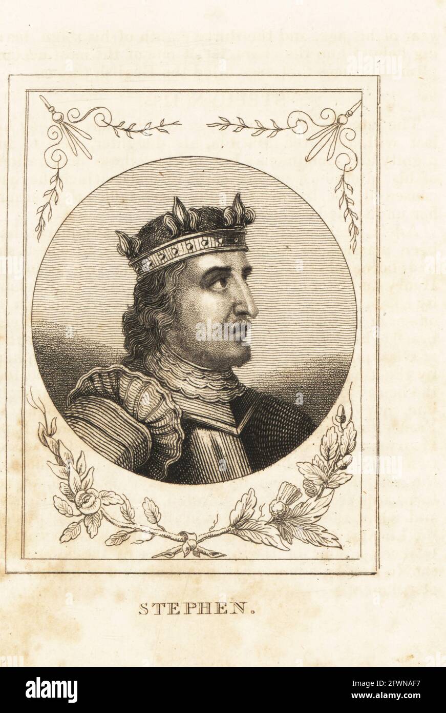 Portrait of King Stephen of England, 1096-1154.  In crown and suit of plate armour. Copperplate engraving from M. A. Jones’ History of England from Julius Caesar to George IV, G. Virtue, 26 Ivy Lane, London, 1836. Stock Photo