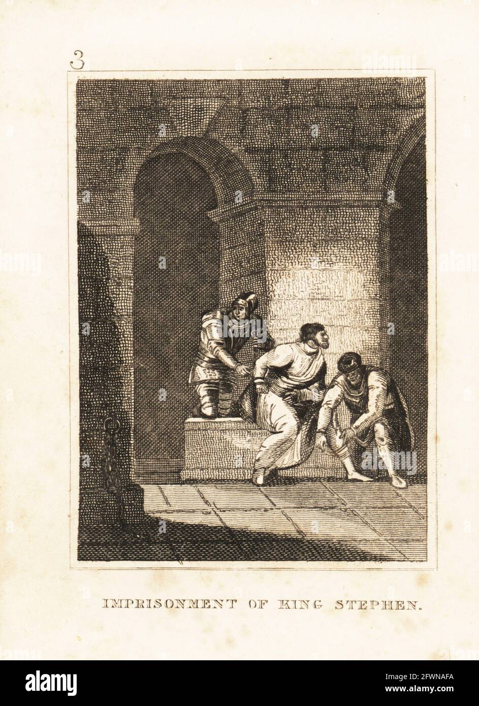 King Stephen in chains in a dungeon in Bristol Castle, 1141. He was captured by Robert Earl of Gloucester and Empress Matilda. Imprisonment of King Stephen. Copperplate engraving from M. A. Jones’ History of England from Julius Caesar to George IV, G. Virtue, 26 Ivy Lane, London, 1836. Stock Photo