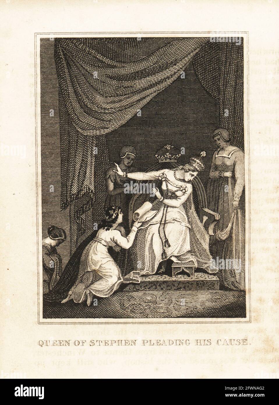 Matilda I, Countess of Boulogne (1105-1152) negotiating King Stephen's release with Empress Matilda (1102-1167). Queen of Stephen pleading his cause.  Copperplate engraving from M. A. Jones’ History of England from Julius Caesar to George IV, G. Virtue, 26 Ivy Lane, London, 1836. Stock Photo