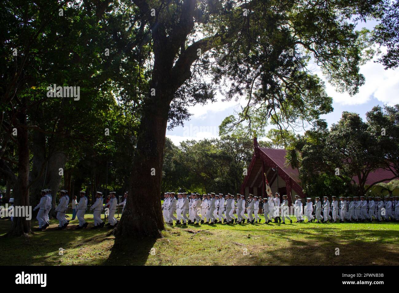 Treaty Grounds, New Zealand. Royal New Zealand Navy at annual Waitangi Day celebrations Stock Photo