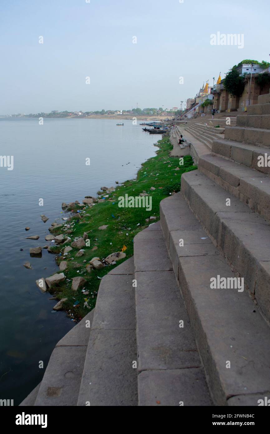 Varanasi, India. Ghats on the banks of the Ganges during dry season Stock Photo