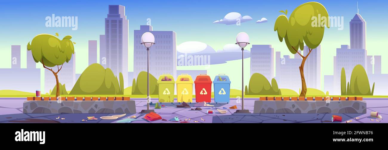 Dirty city park with trash bins for separate and recycle garbage, wooden benches and town buildings on skyline. Vector cartoon landscape of public garden with litter and containers for sorting waste Stock Vector