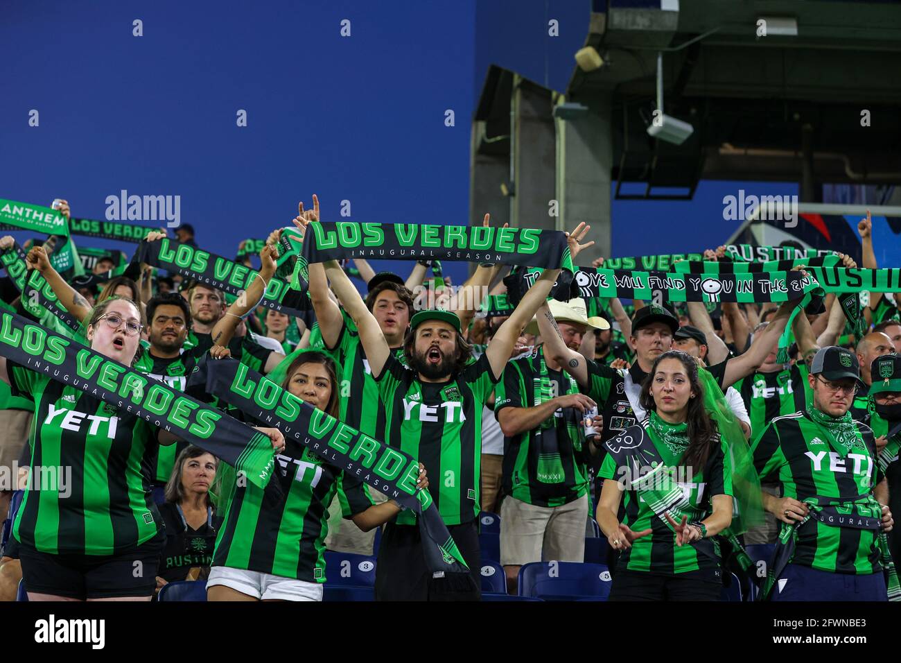 Austin Texas USA, July 29, 2023: Fans stay mostly in the shade under the  overhang at Austin's Q2 Stadium as they await the start of a match between  Austin FC and FC