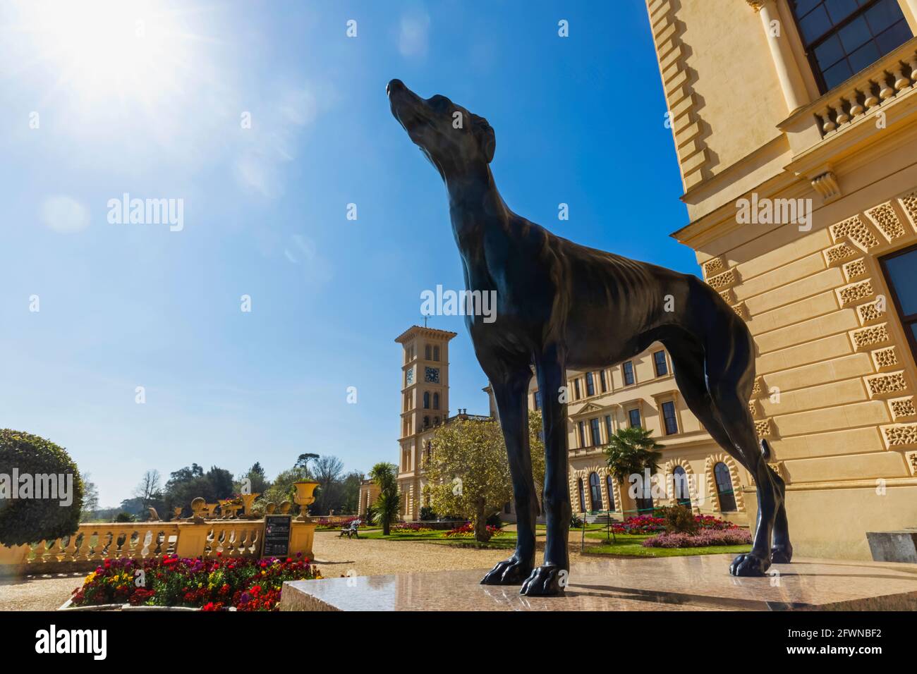 England, Isle of Wight, East Cowes, Osborne House, The Palatial Former Home of Queen Victoria,, Bronze Statue of Eos, Prince Albert's favorite dog Stock Photo