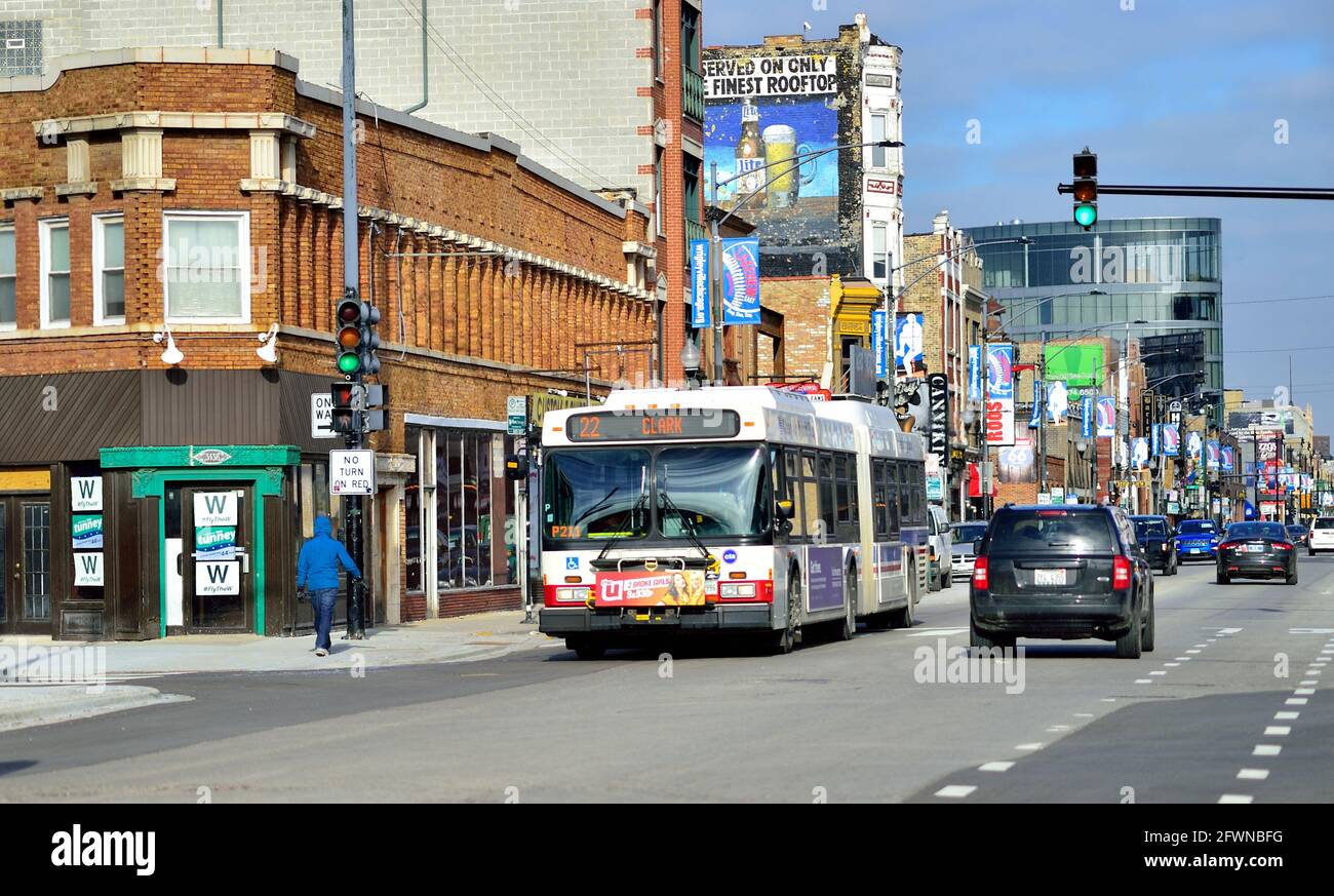 Chicago, Illinois, USA. A CTA bus headed down Clark Street to the Chicago Loop while passing through Wrigleyville in the Lake View neighborhood. Stock Photo