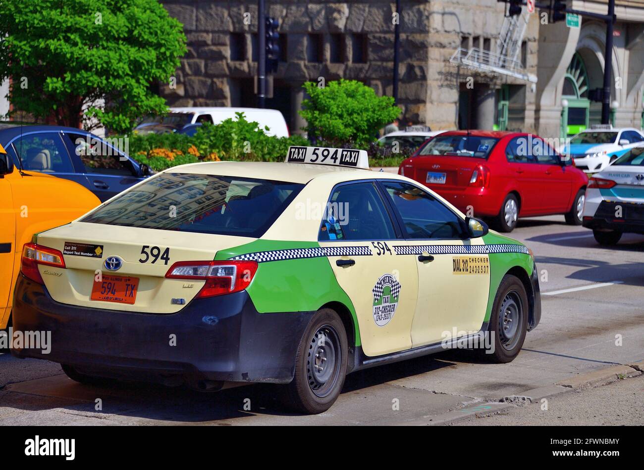 Chicago, Illinois, USA. Taxi stuck in traffic on South Michigan Avenue ...