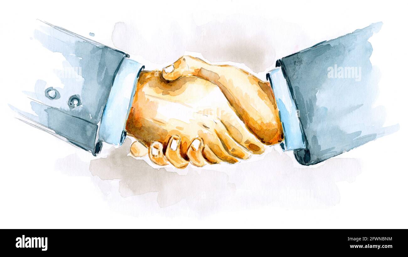 Beautiful handshake close up. Watercolor drawing painting of businessman handshake. Business partnership meeting concept. Stock Photo