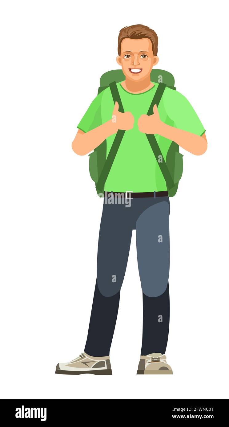 Guy is tourist. Young handsome handsome boy with backpack. Friendly smile. In  jeans, T-shirt and sneakers. Good mood. Single. Cartoon flat style. Illu  Stock Vector Image & Art - Alamy