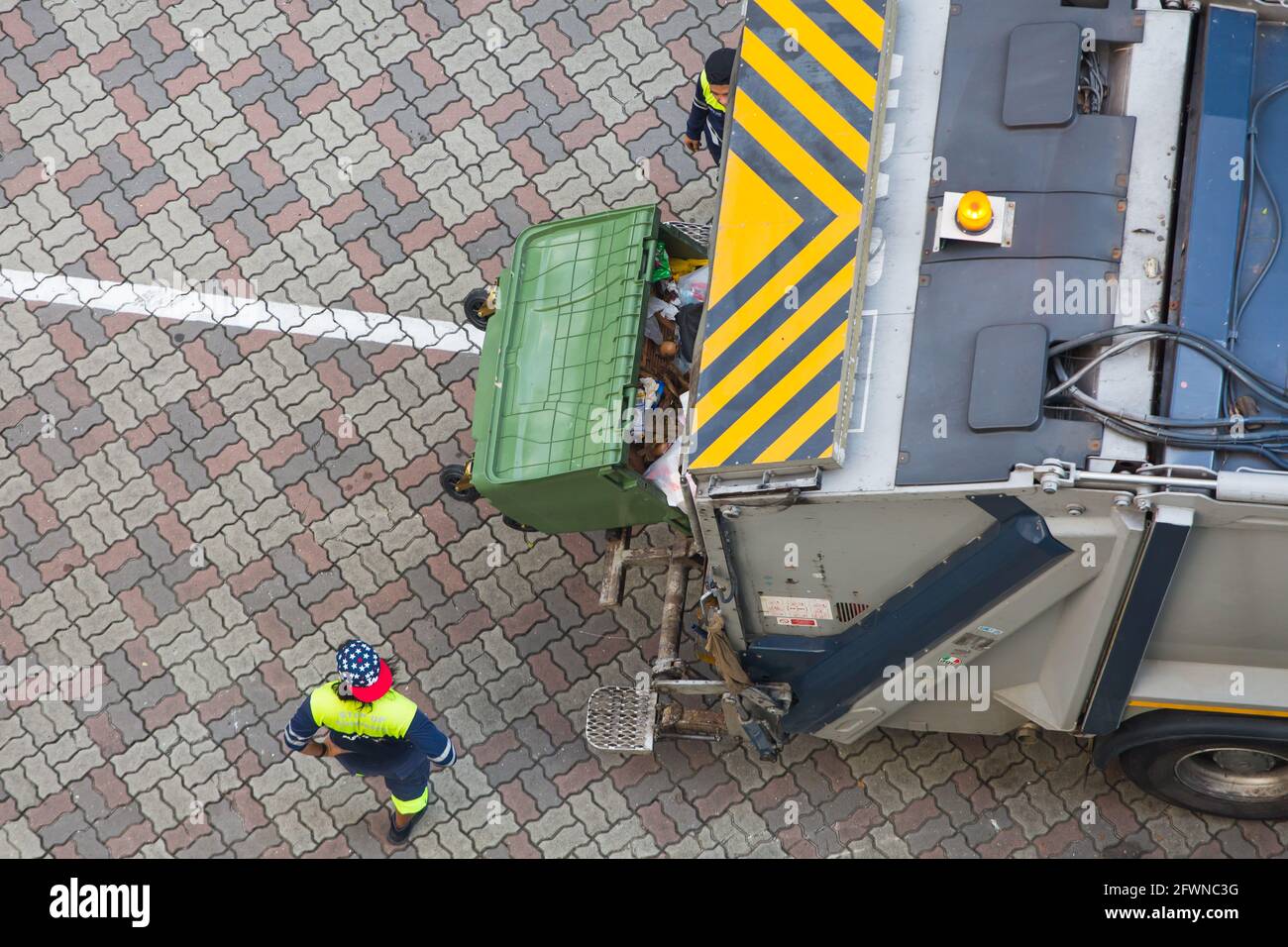 Aerial view of refuse collection, fees for households to $9.63 per month (incl. GST) for HDB/private apartments and $32.07 per month. Singapore. Stock Photo