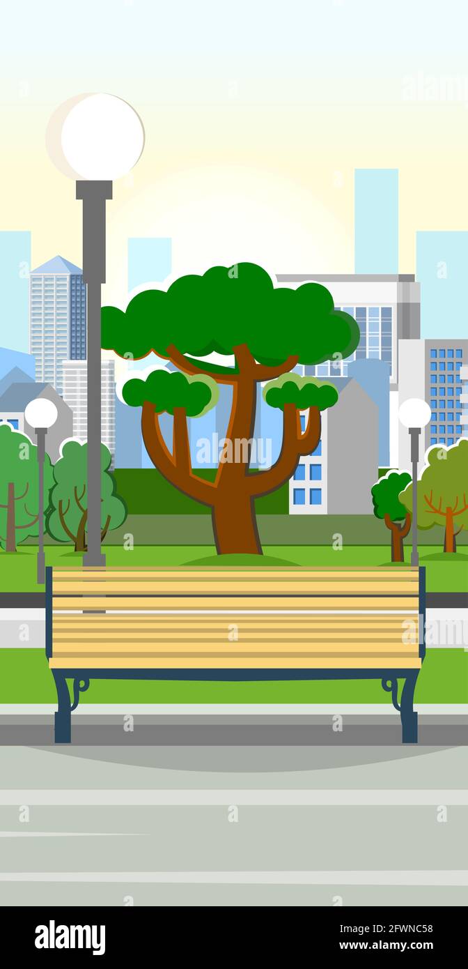 Bench. City park area. Trees, shrubs and lanterns. Beautiful summer cityscape in restrained colors. A place to relax, walk and date. Beautiful Stock Vector