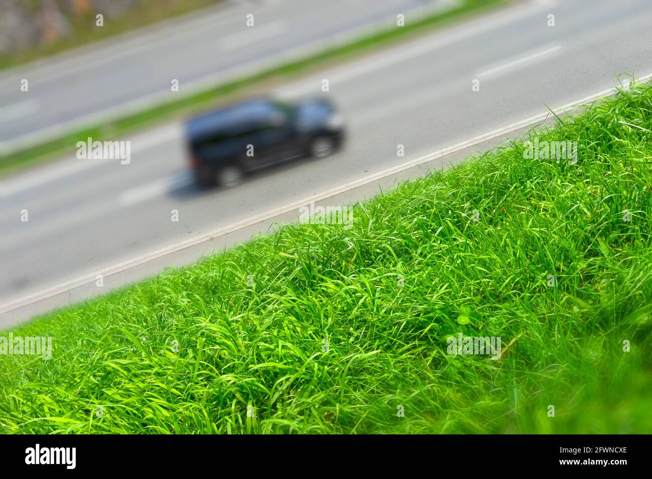 Background with road and car, roadsides overgrown with green grass. Stock Photo
