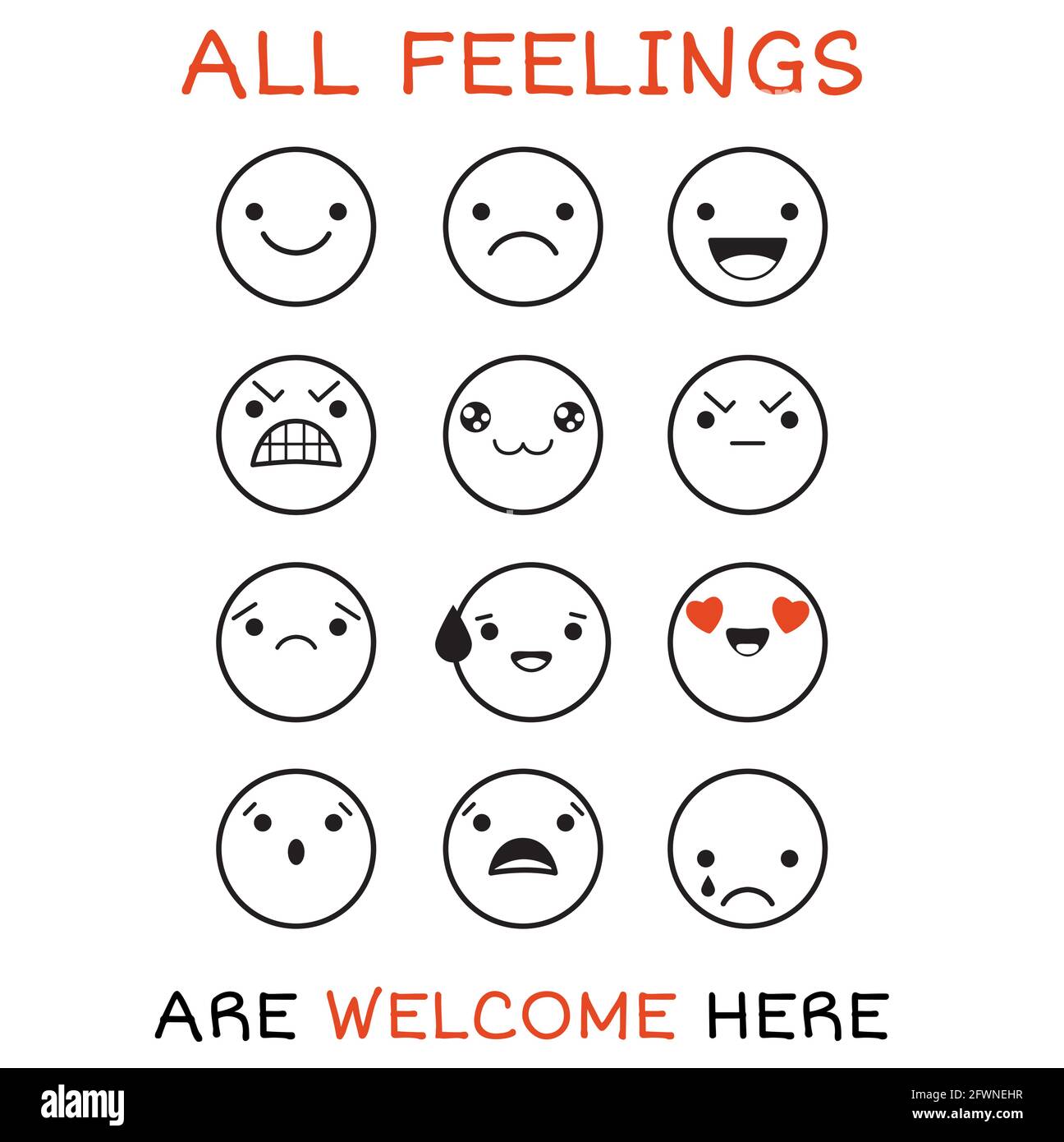 All feeling are welcome here. Vector banner with affirmation for kids playroom. Cute inspirational card with emojis and lettering. Motivational quote Stock Vector