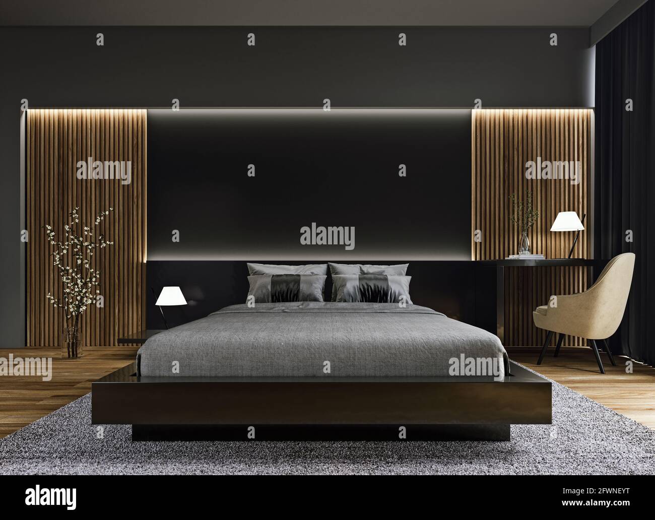 Modern interior design of dark black luxurious bedroom with wood slat wall and accent lighting, mock-up, 3d rendering Stock Photo