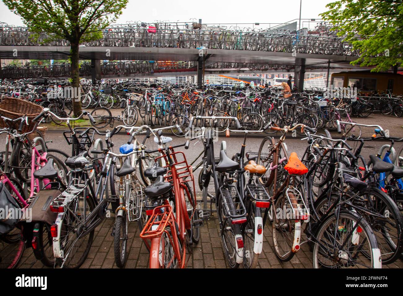 amsterdam commuter train station parking lot showing bicycle healthy lifestyle culture minimising fossil fuel usage Stock Photo