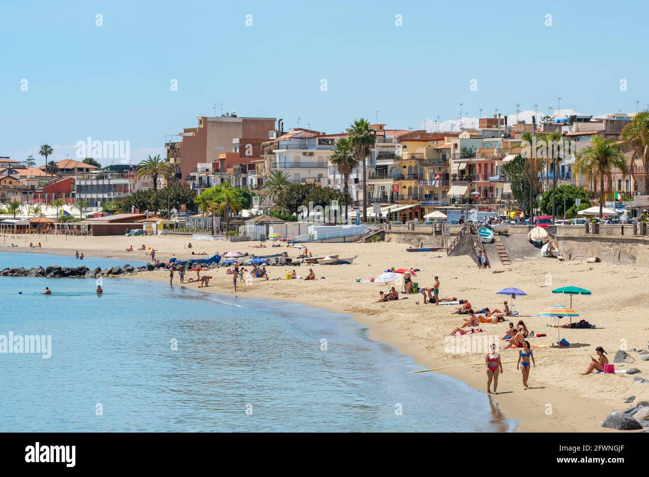 Beach in Giardini Naxos town, Sicily, Italy Stock Photo