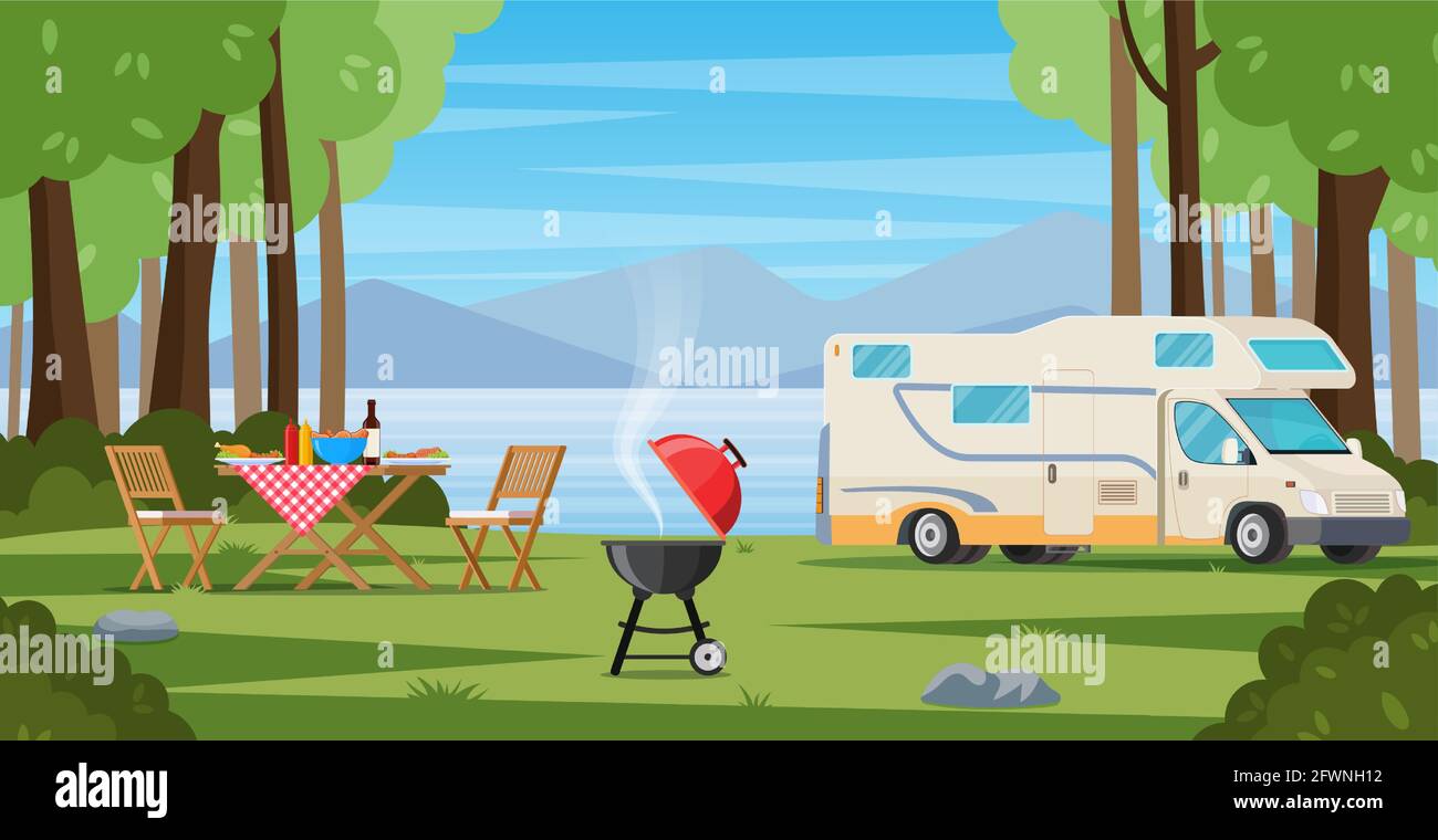 Camper with barbecue folding table deckchair Stock Vector