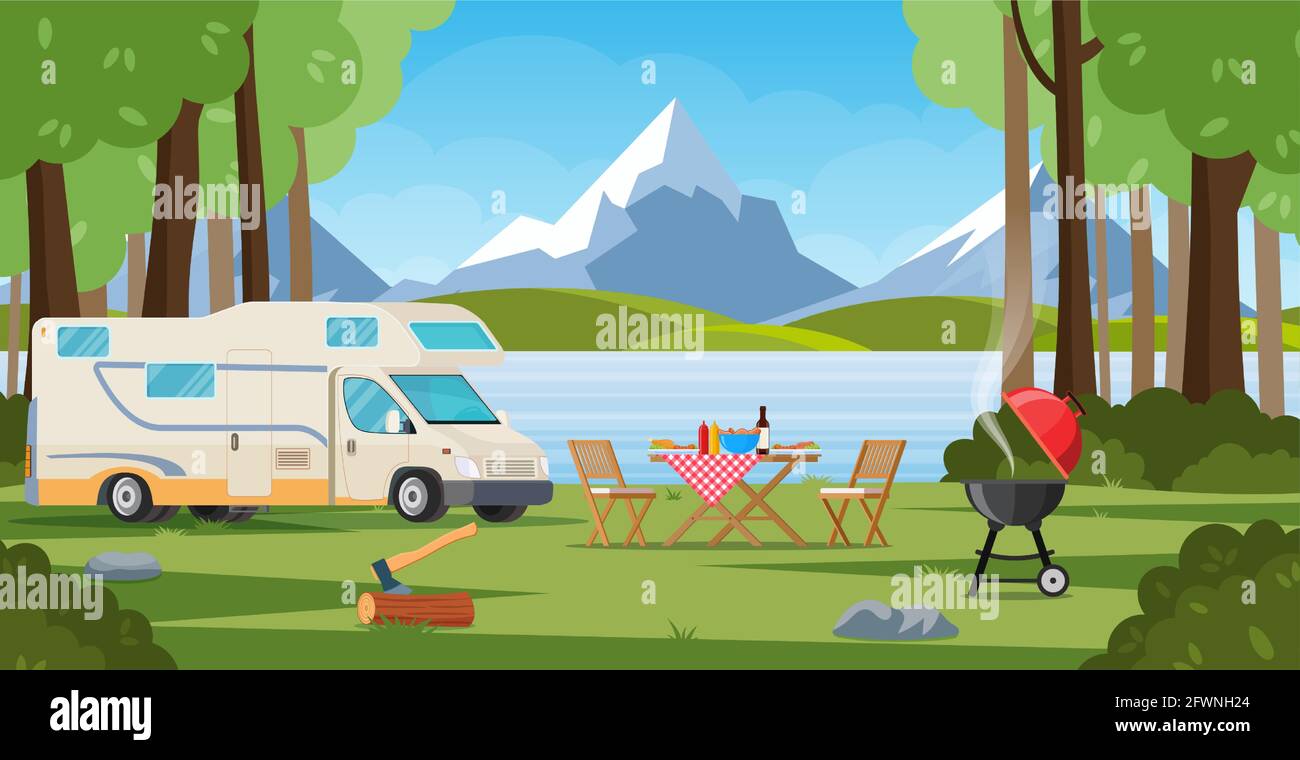 Camper with barbecue folding table deckchair Stock Vector