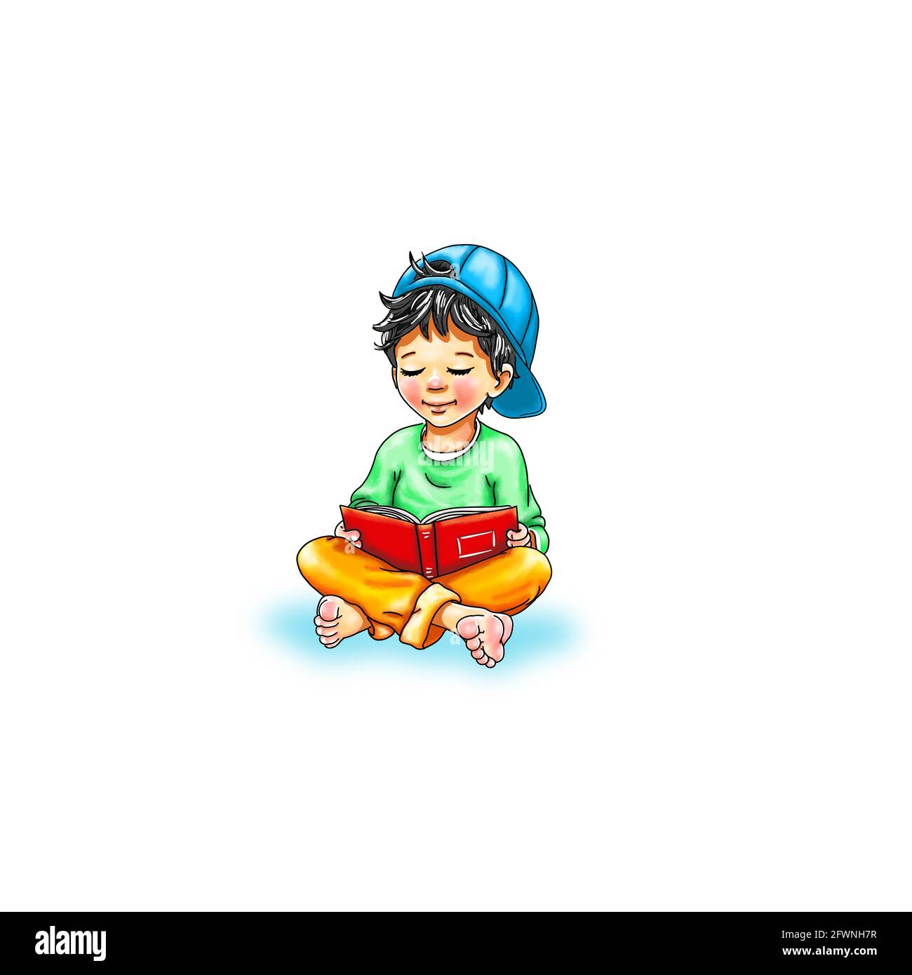 Boy toddler kid sit smile barefoot student teenager laugh read book joy school leisure education business template friendly concentration Stock Photo