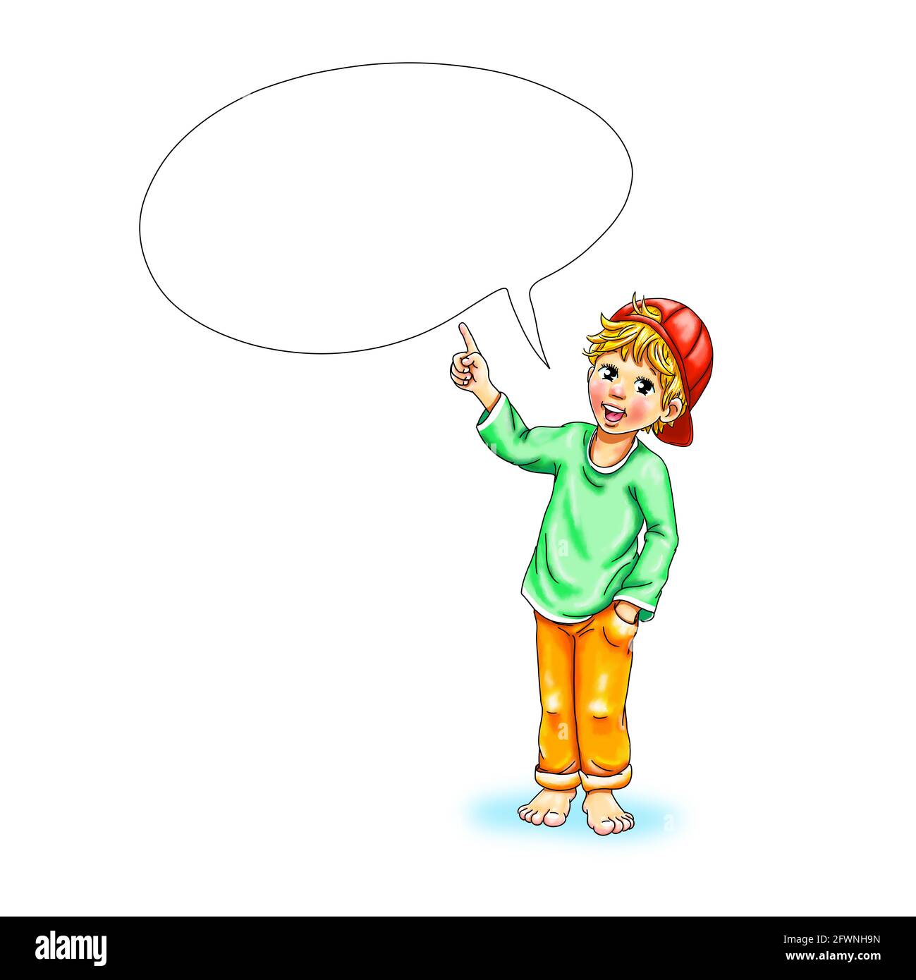 Young toddler with cap stands smiling barefoot student teenager pointing finger pointing laughing joy note loose background white education business Stock Photo