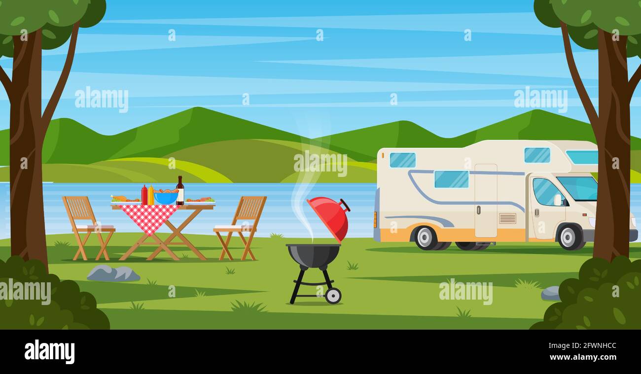 Camper with barbecue folding table deckchair Stock Vector