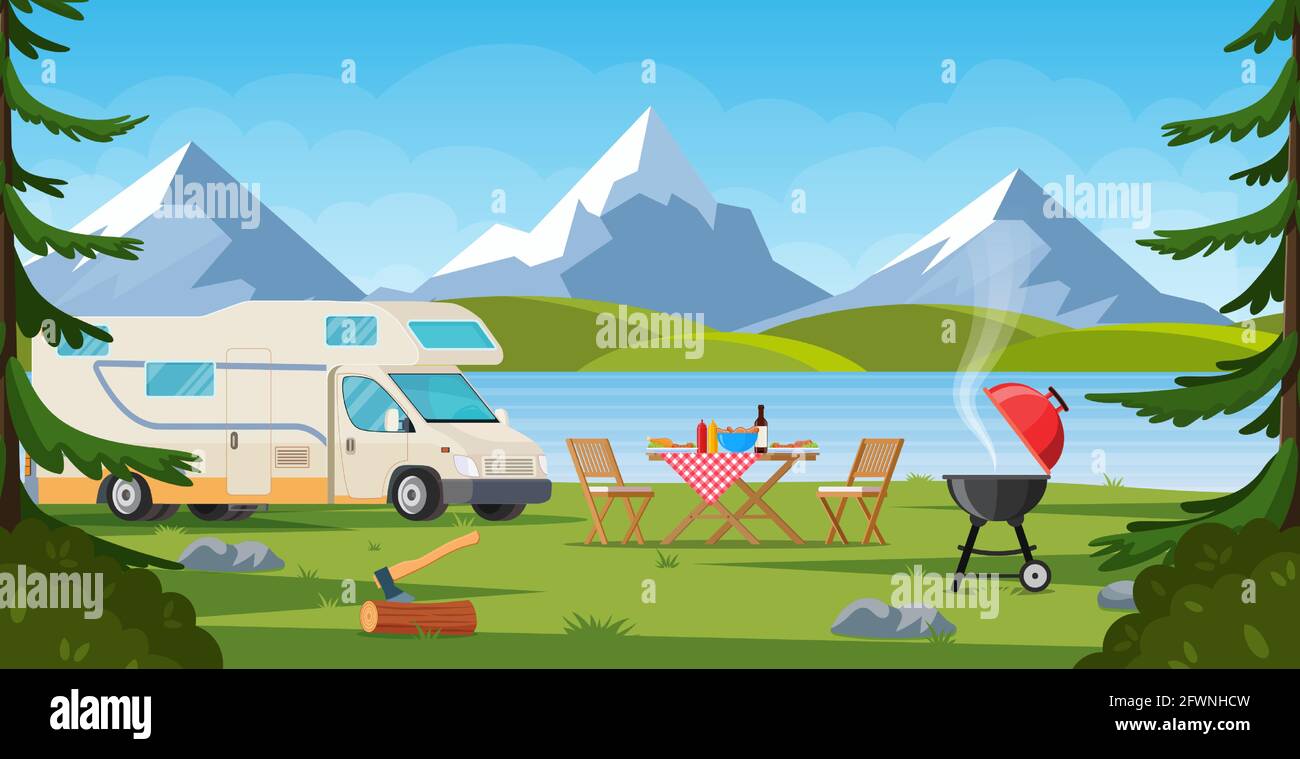 Camper with barbecue folding table deckchair Stock Vector
