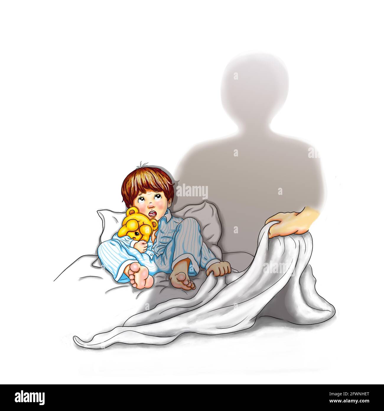 Boy child lie barefoot bed at night hold teddy bear in arms eyes ...