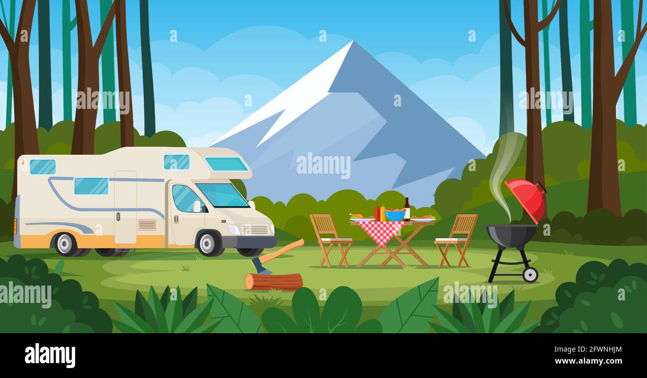 Camper with barbecue folding table deckchair Stock Vector