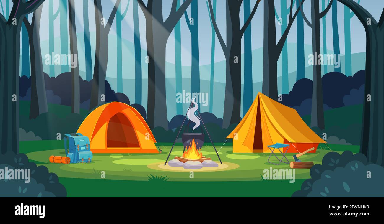Summer camp in forest with bonfire, tent, backpack Stock Vector